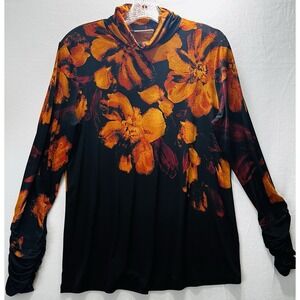 Susan Graver Top Women's MediumPrinted Liquid Knit Mock Neck Long Sleeve Gold